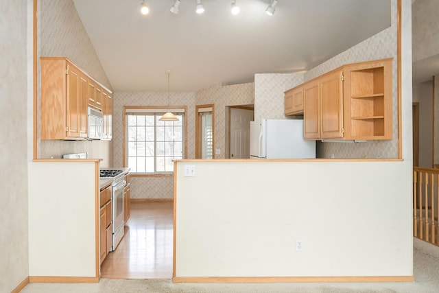 kitchen featuring wallpapered walls, baseboards, a peninsula, white appliances, and open shelves