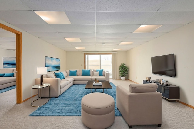 carpeted living area with baseboards and a drop ceiling