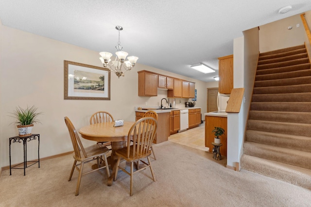 dining room featuring baseboards, an inviting chandelier, stairs, a textured ceiling, and light carpet