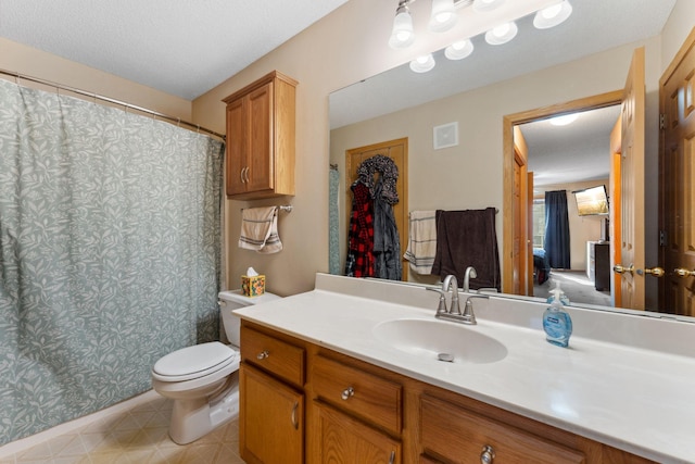 full bathroom featuring tile patterned floors, visible vents, toilet, curtained shower, and vanity