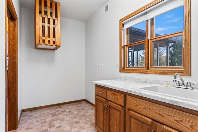 bathroom with visible vents, vanity, and baseboards