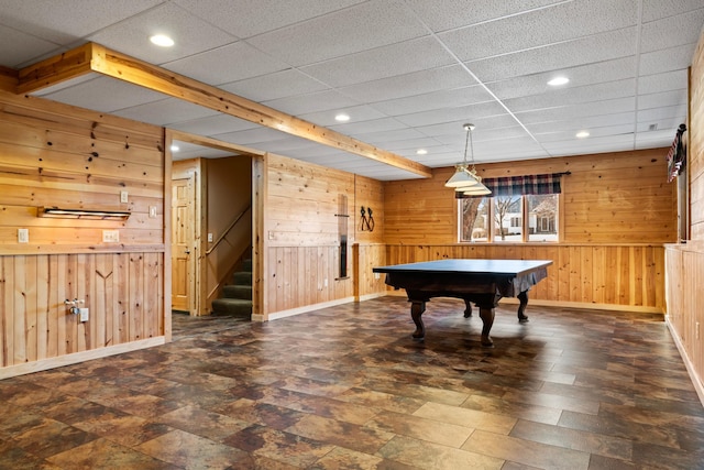 playroom with wooden walls, baseboards, recessed lighting, a drop ceiling, and pool table