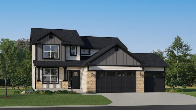 view of front of house featuring driveway, stone siding, board and batten siding, a front yard, and an attached garage