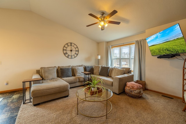 living room with a ceiling fan, vaulted ceiling, baseboards, and visible vents