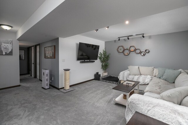 carpeted living area with rail lighting and baseboards