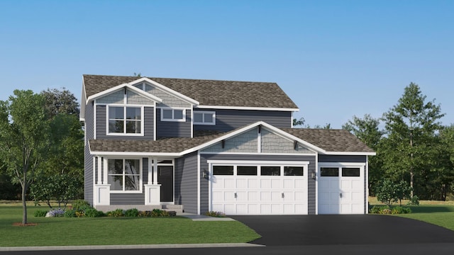 craftsman-style home with aphalt driveway, a front yard, roof with shingles, and an attached garage