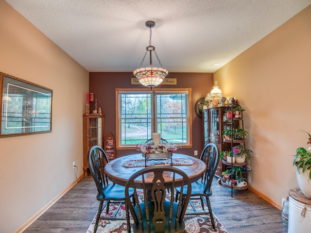 dining room featuring a textured ceiling, baseboards, and wood finished floors