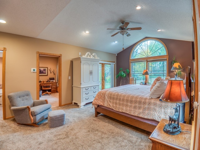 bedroom featuring lofted ceiling, recessed lighting, a textured ceiling, access to outside, and light colored carpet