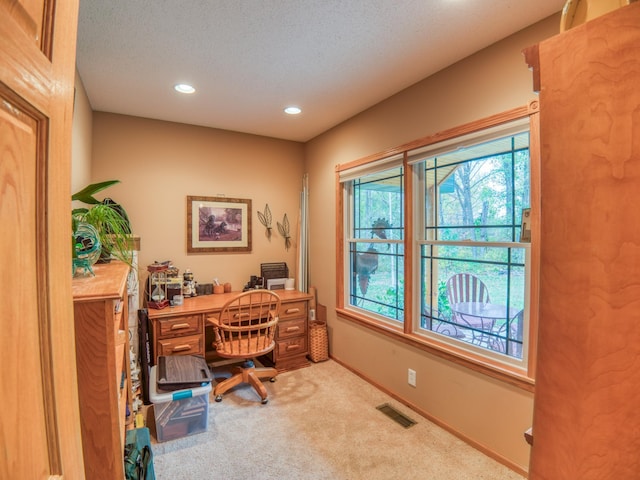 home office with baseboards, visible vents, recessed lighting, a textured ceiling, and carpet flooring