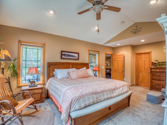 bedroom featuring a ceiling fan, baseboards, lofted ceiling, recessed lighting, and light colored carpet