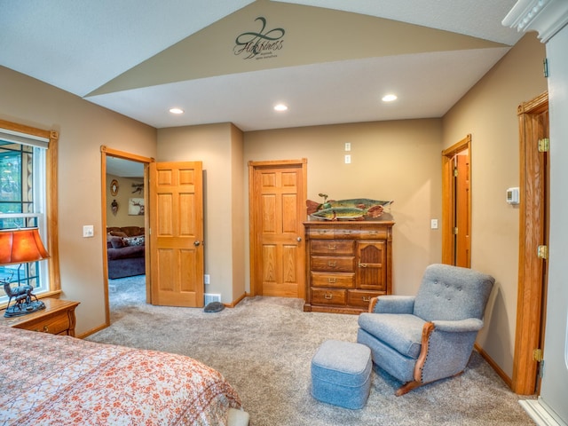 carpeted bedroom with lofted ceiling, recessed lighting, and baseboards