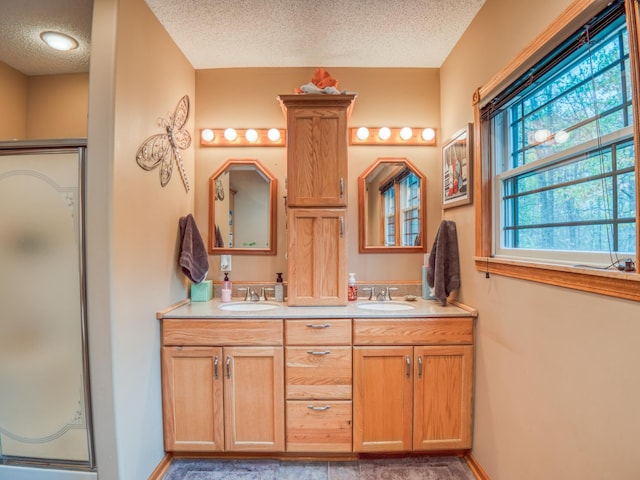 full bathroom featuring a sink, a textured ceiling, double vanity, and a shower stall