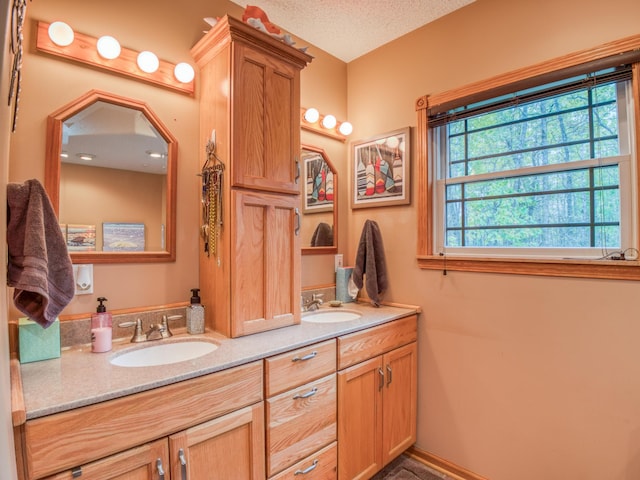 bathroom featuring double vanity, a textured ceiling, baseboards, and a sink