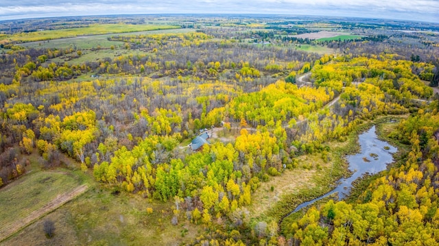 aerial view featuring a wooded view