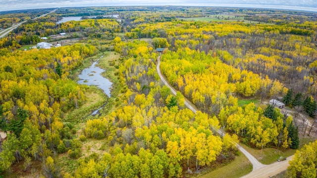 drone / aerial view featuring a view of trees and a water view