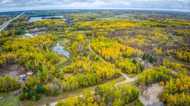 birds eye view of property with a wooded view and a water view