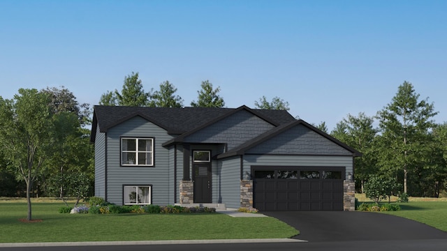 craftsman-style house with a front lawn, an attached garage, stone siding, and driveway