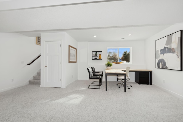 carpeted home office with recessed lighting and baseboards