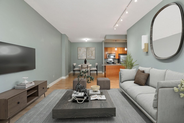 living room featuring light wood finished floors, track lighting, and baseboards