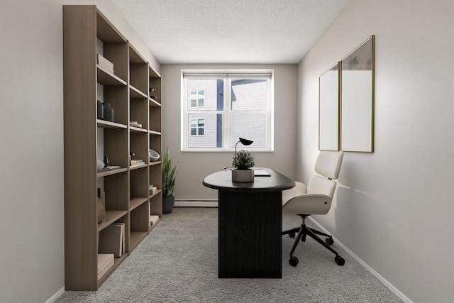 carpeted office space with baseboards, baseboard heating, and a textured ceiling