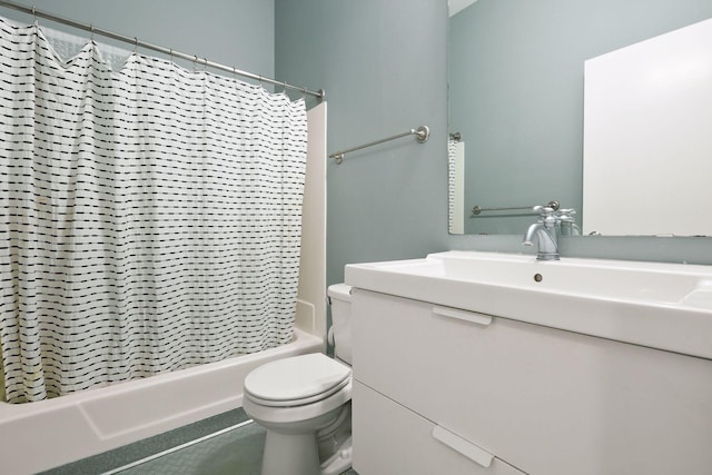 full bath with vanity, toilet, and shower / tub combo with curtain