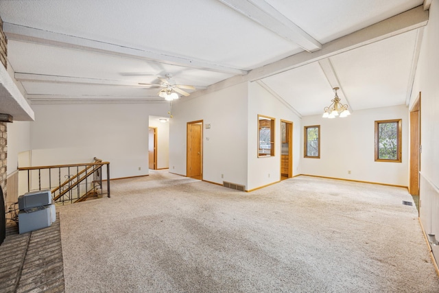 unfurnished living room with vaulted ceiling with beams, carpet, visible vents, and baseboards