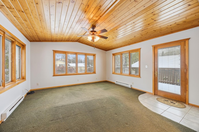 unfurnished living room featuring carpet, vaulted ceiling, wood ceiling, and a baseboard radiator