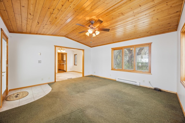 tiled spare room with baseboard heating, wooden ceiling, baseboards, and vaulted ceiling