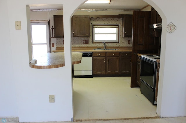 203 4th St, Argusville, ND 58005 - kitchen featuring white appliances, arched walkways, a sink, under cabinet range hood, and tasteful backsplash