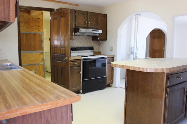 203 4th St, Argusville, ND 58005 - kitchen with electric range, butcher block counters, under cabinet range hood, arched walkways, and dark brown cabinetry