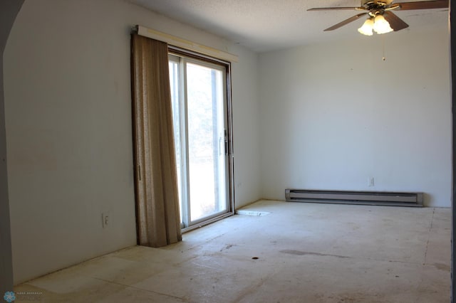 203 4th St, Argusville, ND 58005 - empty room with a baseboard radiator, ceiling fan, and a textured ceiling