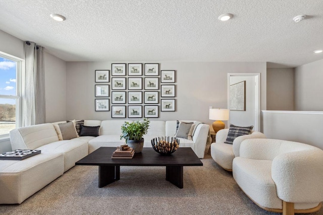 carpeted living room featuring a textured ceiling