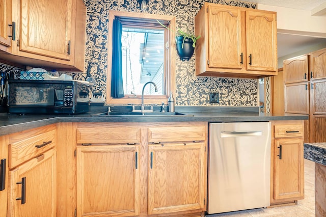 kitchen featuring a sink, stainless steel dishwasher, dark countertops, and wallpapered walls