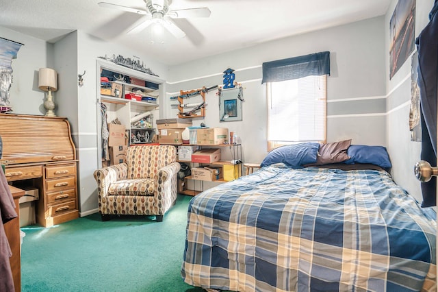 bedroom featuring a closet, a ceiling fan, and carpet floors