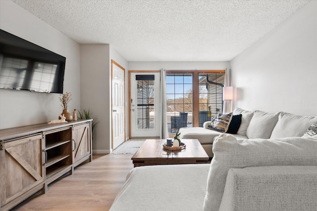 living room featuring light wood finished floors, a textured ceiling, and baseboards