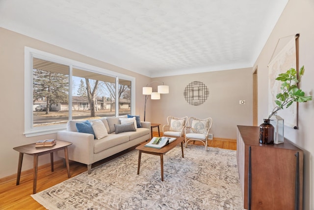 living room with baseboards and wood finished floors