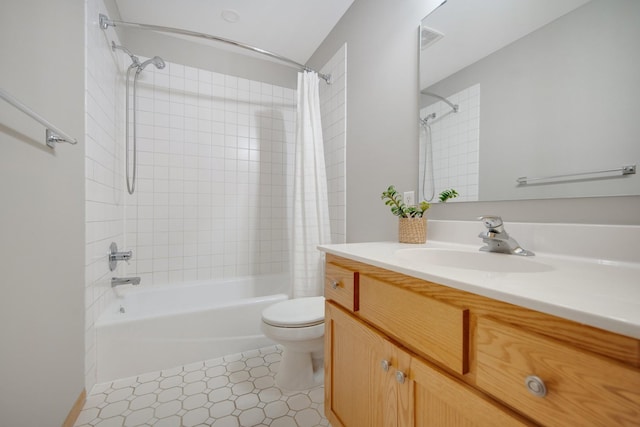 bathroom featuring vanity, toilet, shower / bathtub combination with curtain, and visible vents