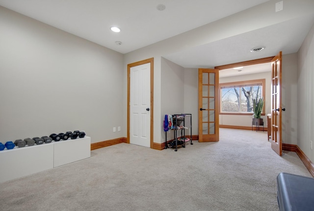 misc room with visible vents, baseboards, carpet, recessed lighting, and french doors