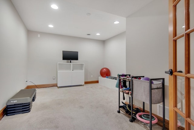 game room with recessed lighting, baseboards, and carpet floors