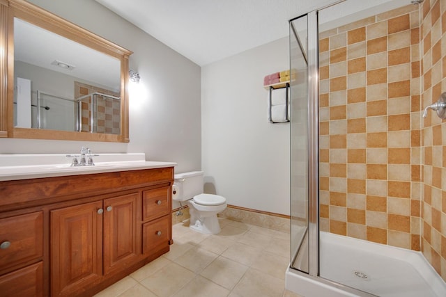 bathroom with visible vents, a shower stall, toilet, tile patterned floors, and vanity