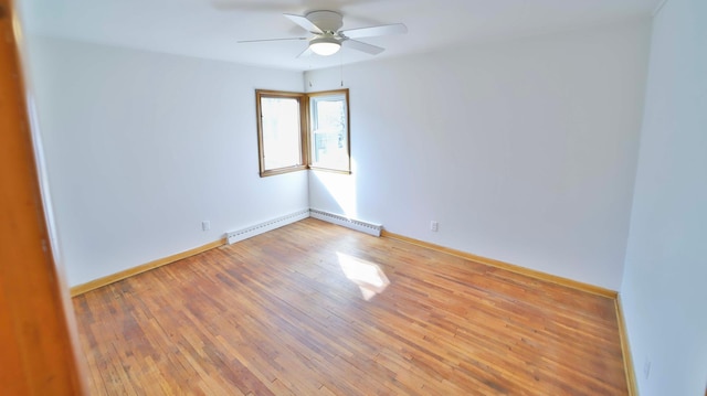 unfurnished room with light wood-style flooring, baseboards, baseboard heating, and ceiling fan