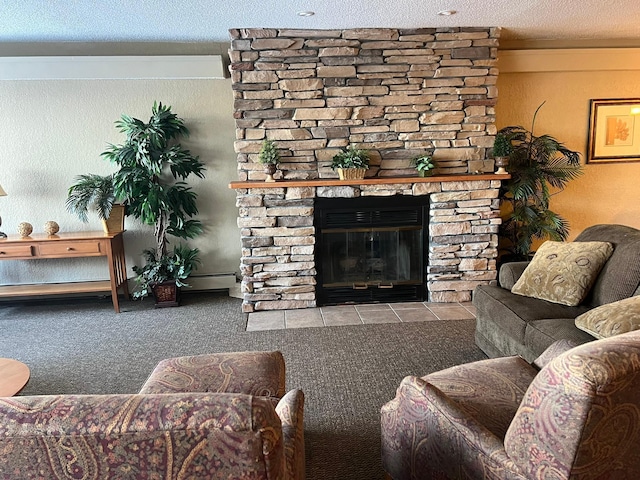 carpeted living area with baseboard heating, a fireplace, and a textured ceiling