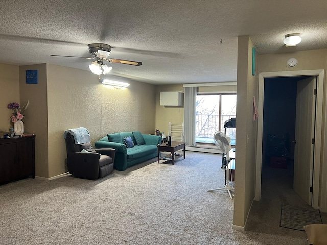 carpeted living room with baseboards, a wall mounted air conditioner, a textured wall, a textured ceiling, and a ceiling fan