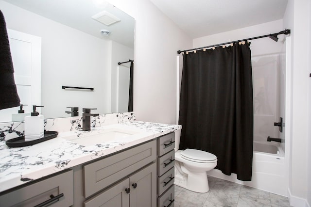 full bath with vanity, toilet, and shower / tub combo with curtain