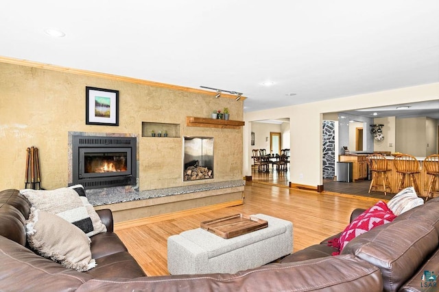 living area with wood finished floors, baseboards, a fireplace, a bar, and track lighting