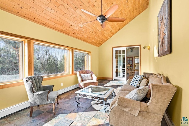 living room featuring stone tile floors, wood ceiling, a baseboard heating unit, and baseboards