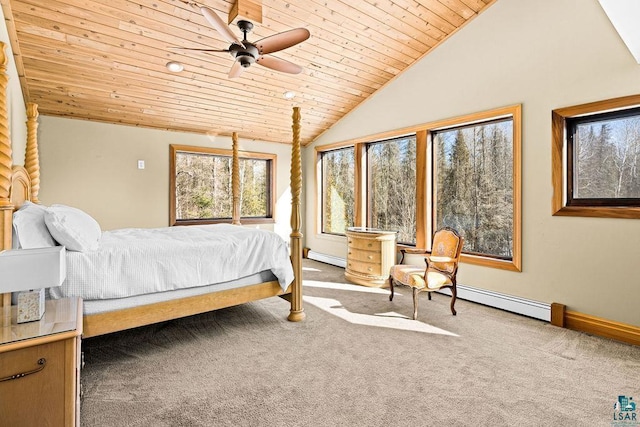 carpeted bedroom featuring a baseboard heating unit, baseboards, wood ceiling, and vaulted ceiling