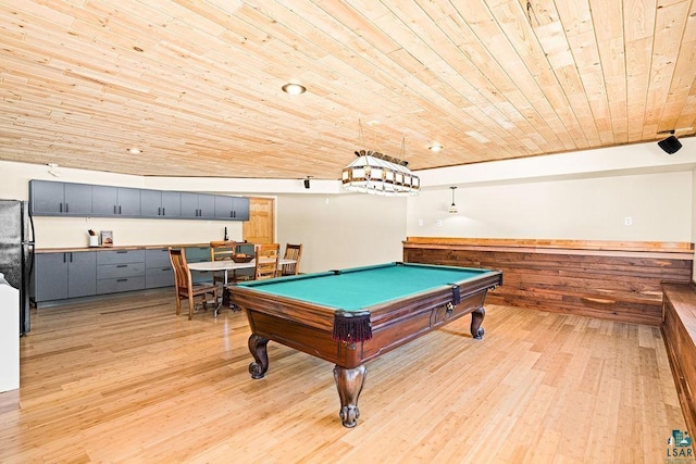 playroom featuring a wainscoted wall, pool table, wooden ceiling, and light wood-type flooring