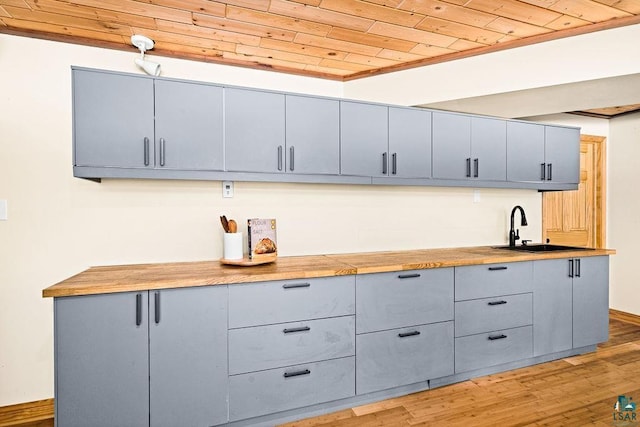 kitchen with gray cabinetry, wood ceiling, light countertops, light wood-style flooring, and a sink