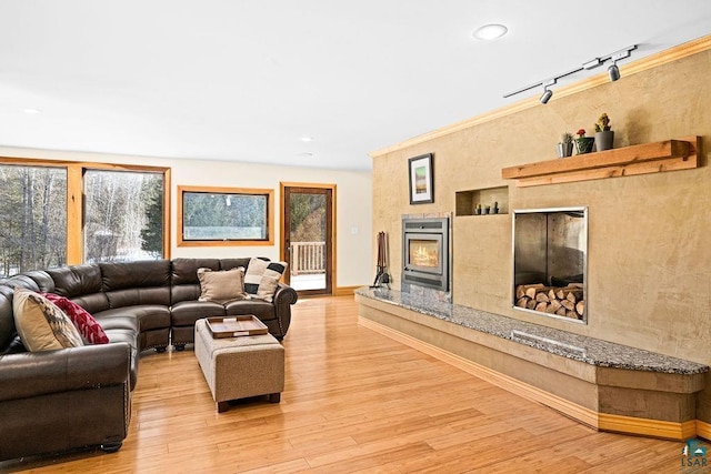 living area featuring a premium fireplace, track lighting, light wood-type flooring, baseboards, and recessed lighting